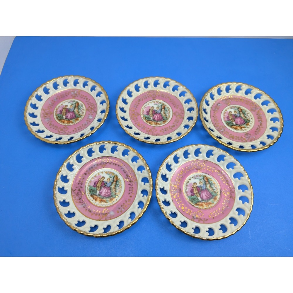Vtg Kanekoh Japan Fine China Set of 5 Reticulated Saucer Plate Victorian Lover
